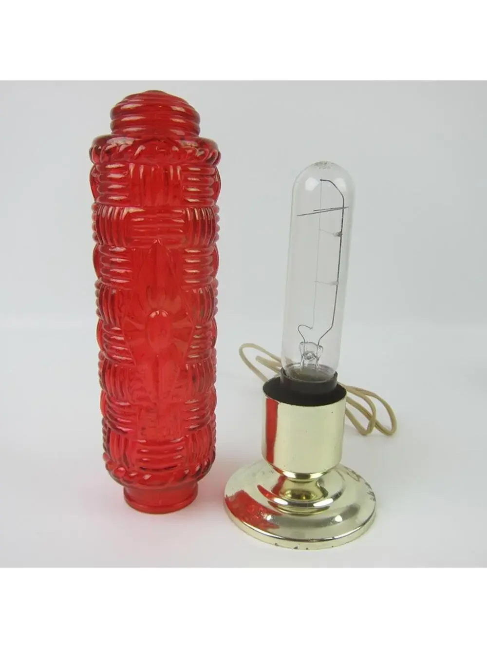 Vintage Torpedo Lamp Red Glass Basket Weave & Diamond Gold Base Art Deco WORKING